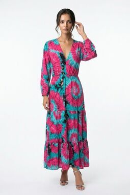 Estee Paris Brown New Maxi Dress Boho Tie-Dye Flowy Tiered S